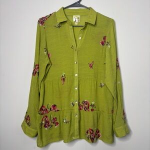 Fig And Flower Green Floral Embroidered Sheer Bohemian Button Down Blouse Medium
